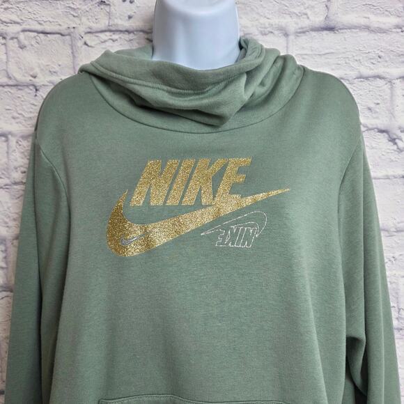 Nike Hoodie Womens Size XL Club Fleece Funnel-Neck Glitter Green - Picture 3 of 11